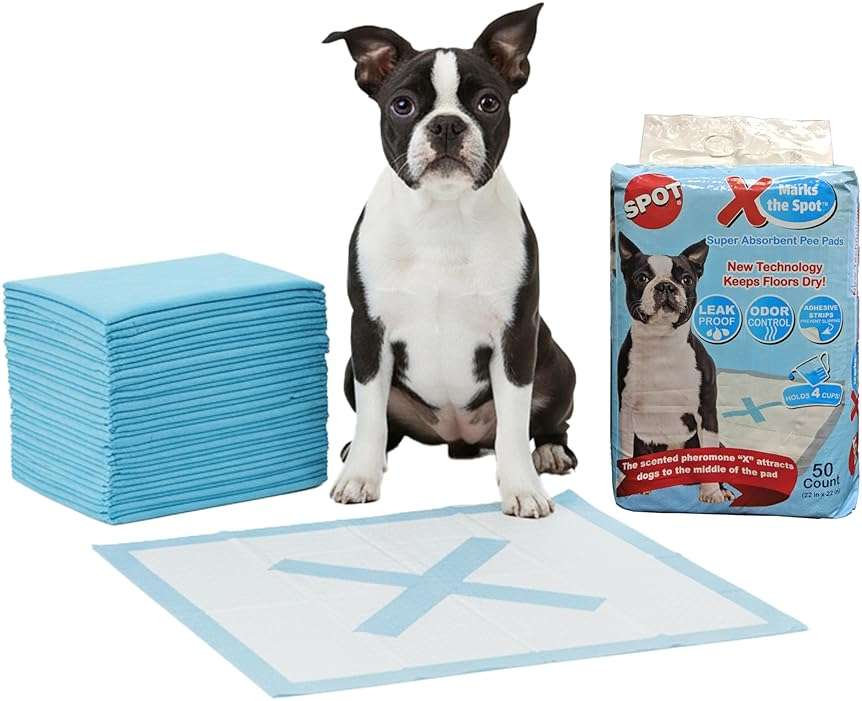 SPOT X Marks The Spot Extra Absorbent Puppy Pads with Adhesive Strips & Pheromones – Attracts Dogs to Center for Training & Potty, 22" x 22", 50-Pack - Image 1