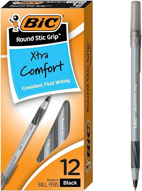 BIC Round Stic Grip Xtra Comfort Black Ballpoint Pens, Medium Point (1.2mm), 12-Count Pack, Perfect Writing Pens With Soft Grip for Superb Comfort and Control - Image 1