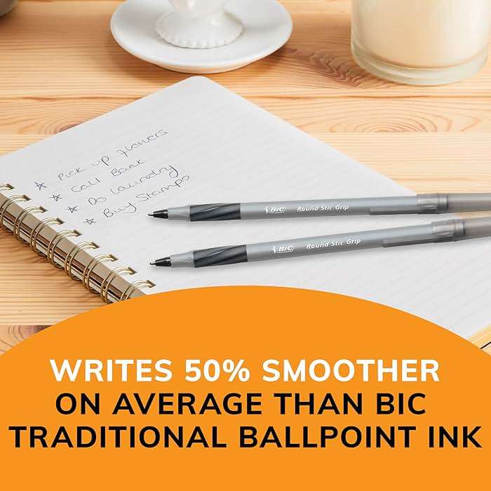 BIC Round Stic Grip Xtra Comfort Black Ballpoint Pens, Medium Point (1.2mm), 12-Count Pack, Perfect Writing Pens With Soft Grip for Superb Comfort and Control - Image 6