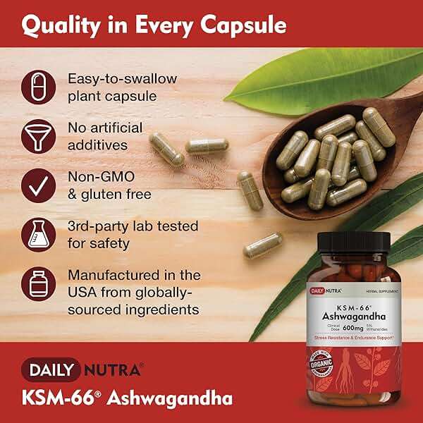 DailyNutra KSM-66 Ashwagandha 600mg Organic Root Extract - High Potency Supplement with 5% Withanolides | Relieves Tiredness, Supports Relaxation, Focus, Energy, & Muscle Growth (90 Capsules) - Image 4