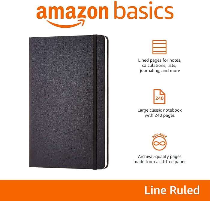 Amazon Basics Classic Lined Writing Notebook for Note Taking and Journaling, Hardcover with Elastic Closure, 240 Pages, 5" x 8.25", Black - Image 4
