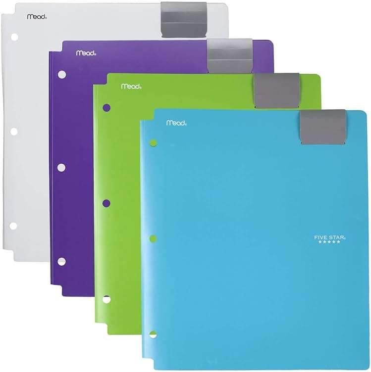 Five Star 4-Pocket Folders, Folders with Pockets, Fits 3 Ring Binder, Plastic, Teal, White, Purple, Lime, 4 Pack (73274) - Image 1
