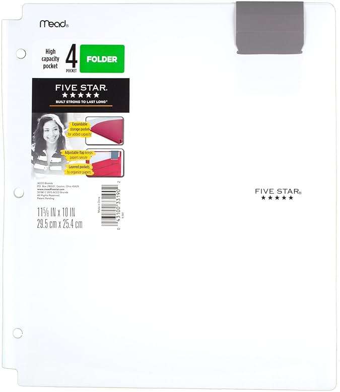 Five Star 4-Pocket Folders, Folders with Pockets, Fits 3 Ring Binder, Plastic, Teal, White, Purple, Lime, 4 Pack (73274) - Image 7