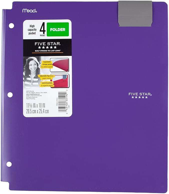 Five Star 4-Pocket Folders, Folders with Pockets, Fits 3 Ring Binder, Plastic, Teal, White, Purple, Lime, 4 Pack (73274) - Image 10