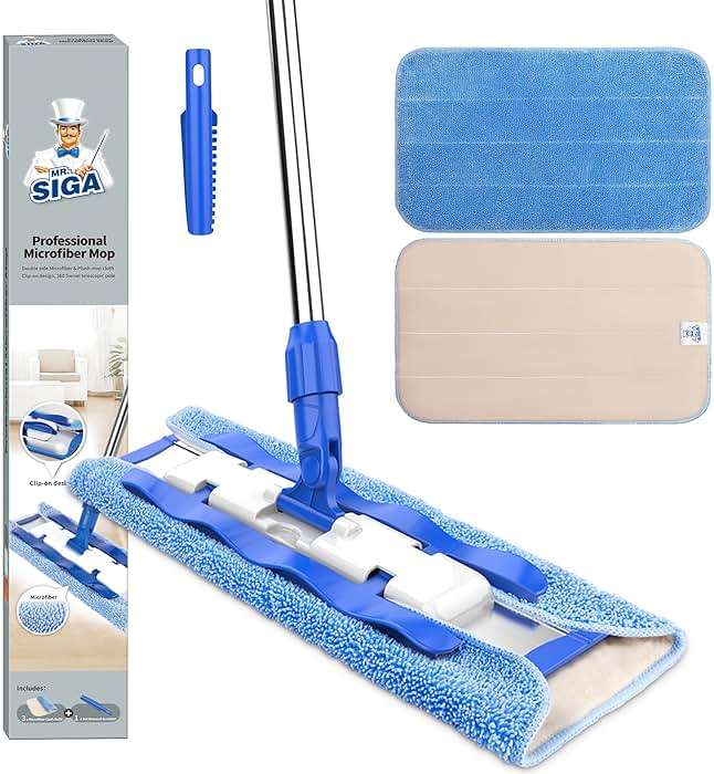 MR.SIGA Professional Microfiber Mop for Hardwood, Laminate, Tile Floor Cleaning, Stainless Steel Telescopic Handle - 3 Reusable Flat Mop Refills and 1 Dirt Removal Scrubber Included - Image 1