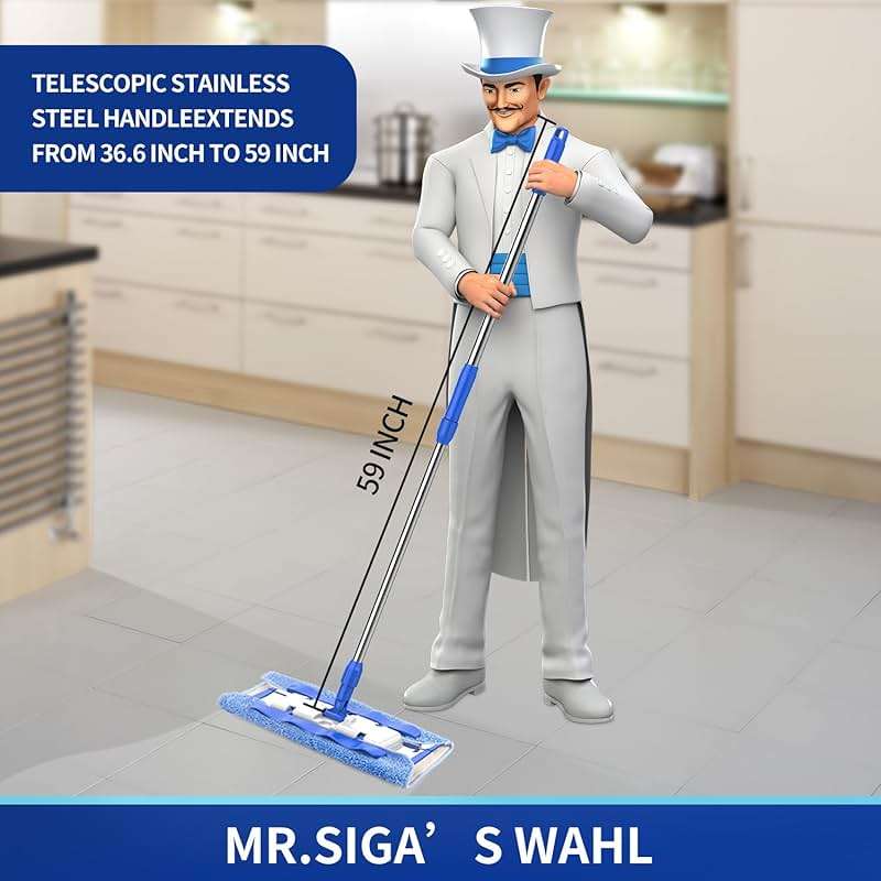 MR.SIGA Professional Microfiber Mop for Hardwood, Laminate, Tile Floor Cleaning, Stainless Steel Telescopic Handle - 3 Reusable Flat Mop Refills and 1 Dirt Removal Scrubber Included - Image 2