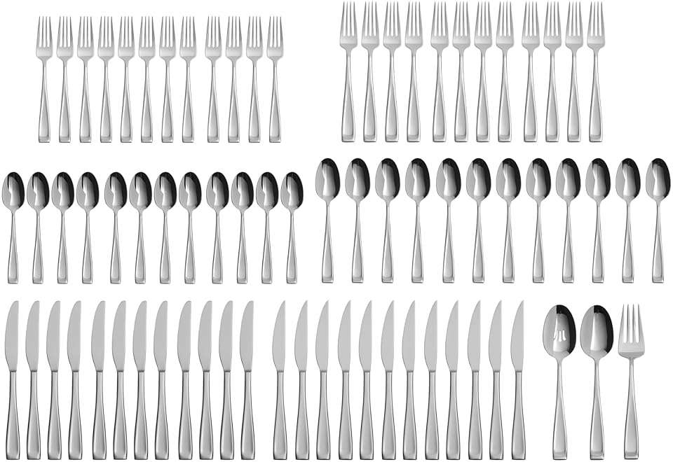 Oneida Silverware Set For 12, Moda 75-Piece Fine Flatware Set with Serving Utensils, Service For 12, 18/10 Stainless Steel, Mirror Finish, Dishwasher Safe, Knives Spoons and Forks Set(Silver 75 Piece) - Image 3