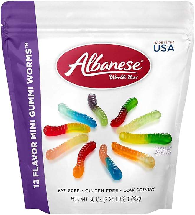 Albanese World's Best 12 Flavor Mini Gummi Worms, 36oz Bag of Candy, Soft & Chewy Candy Snacks, Fruity Flavor Assortment - Image 1