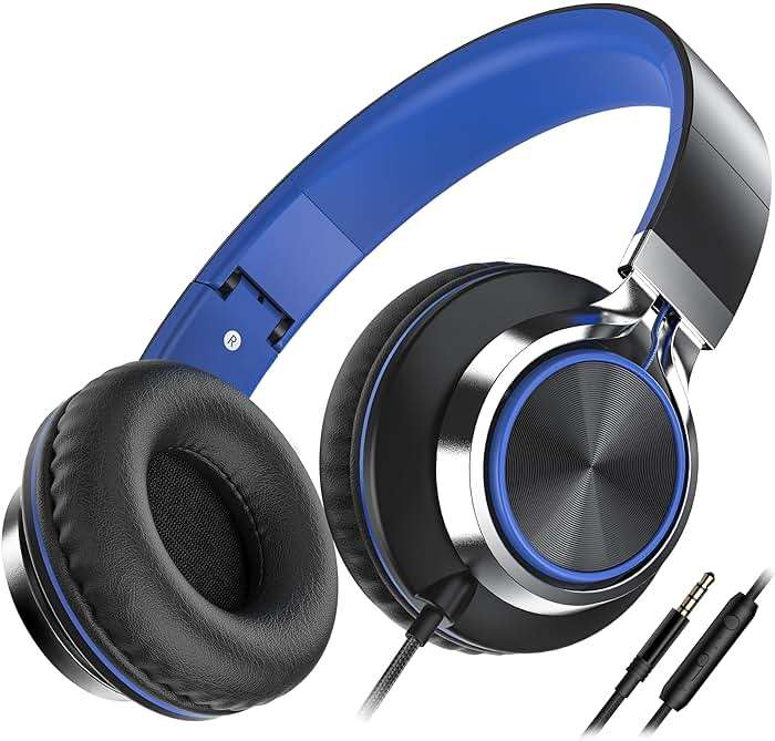 AILIHEN C8 Kids Wired Headphones with Microphone for School, On Ear Headsets with Volume Control Foldable, 3.5mm Jack Computer Chromebook for Children Teens Classroom Online Learning (Black Blue) - Image 1