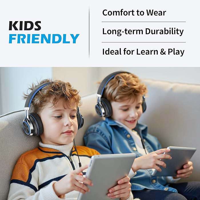 AILIHEN C8 Kids Wired Headphones with Microphone for School, On Ear Headsets with Volume Control Foldable, 3.5mm Jack Computer Chromebook for Children Teens Classroom Online Learning (Black Blue) - Image 4