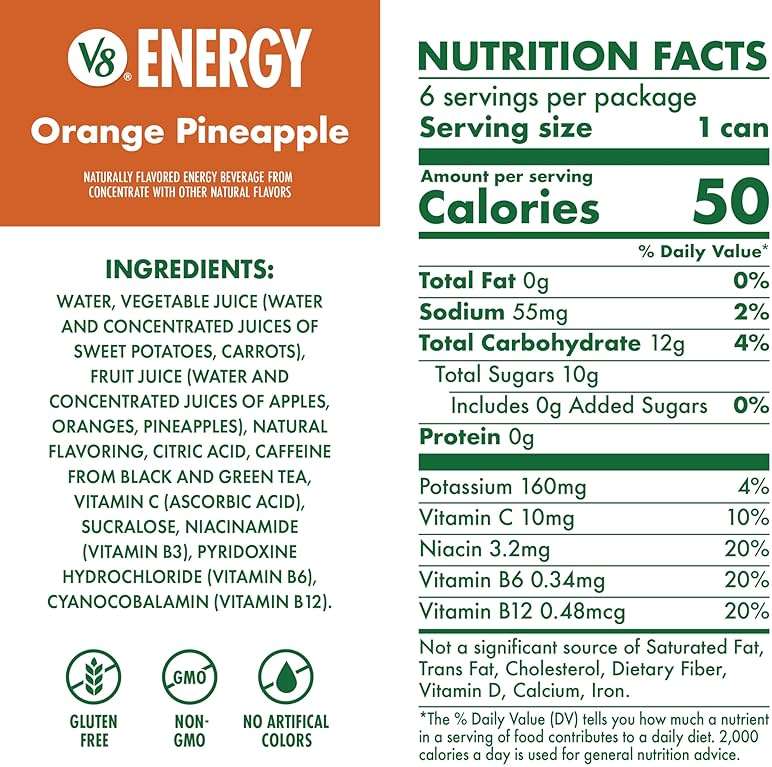 V8 Energy Orange Pineapple Energy Drink, 8 fl oz Can (6 Pack) - Image 2