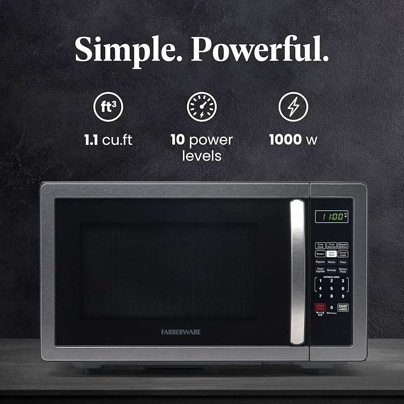 Farberware 1.1 Cu. Ft. Countertop Microwave Oven – 1000 Watts Power, Auto Cook Settings, Defrost, Easy Clean and Child Safety Lock - Stainless - Image 4