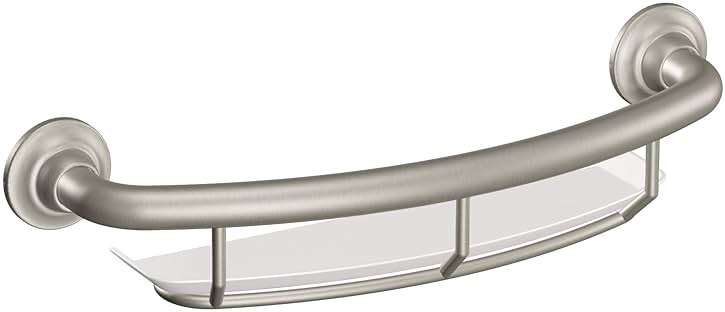 Moen Home Care Bathroom Safety 16 Inch Handicap Grab Bar for Bathtub and Shower with Storage Shelf, Elderly Assistance Product, Brushed Nickel, R2356DBN - Image 1