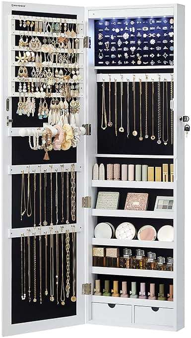 SONGMICS 6 LEDs Mirror Jewelry Cabinet, 47.2-Inch Tall Lockable Wall or Door Mounted Jewelry Armoire Organizer with Mirror, 2 Drawers, 3.9 x 14.6 x 47.2 Inches, White UJJC93W - Image 1