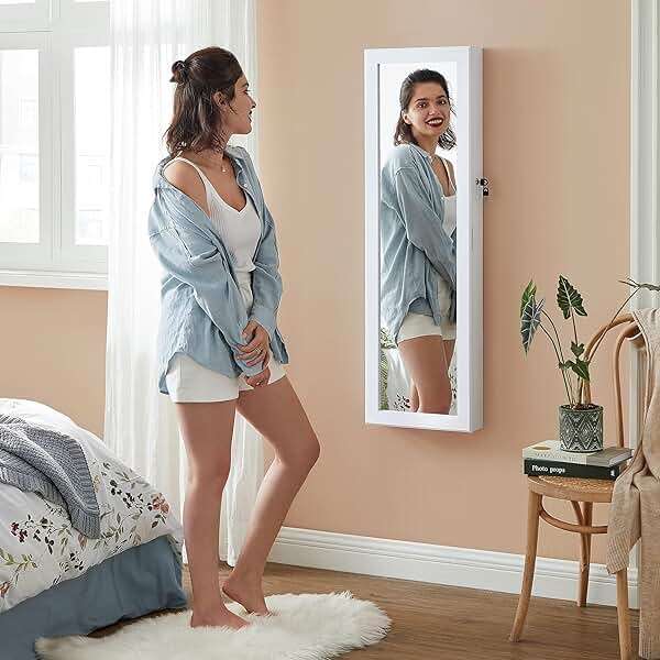 SONGMICS 6 LEDs Mirror Jewelry Cabinet, 47.2-Inch Tall Lockable Wall or Door Mounted Jewelry Armoire Organizer with Mirror, 2 Drawers, 3.9 x 14.6 x 47.2 Inches, White UJJC93W - Image 2