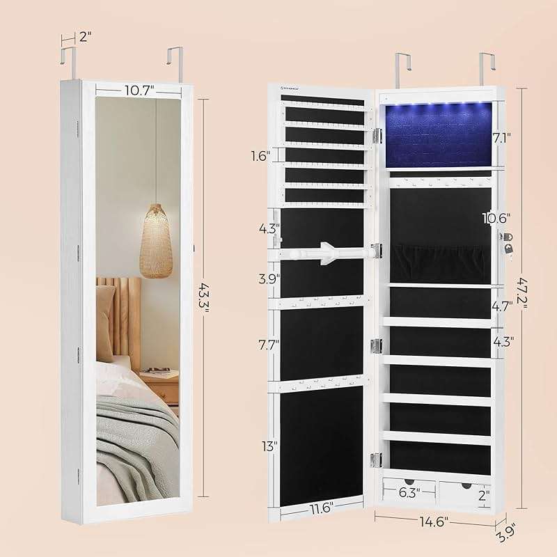 SONGMICS 6 LEDs Mirror Jewelry Cabinet, 47.2-Inch Tall Lockable Wall or Door Mounted Jewelry Armoire Organizer with Mirror, 2 Drawers, 3.9 x 14.6 x 47.2 Inches, White UJJC93W - Image 3