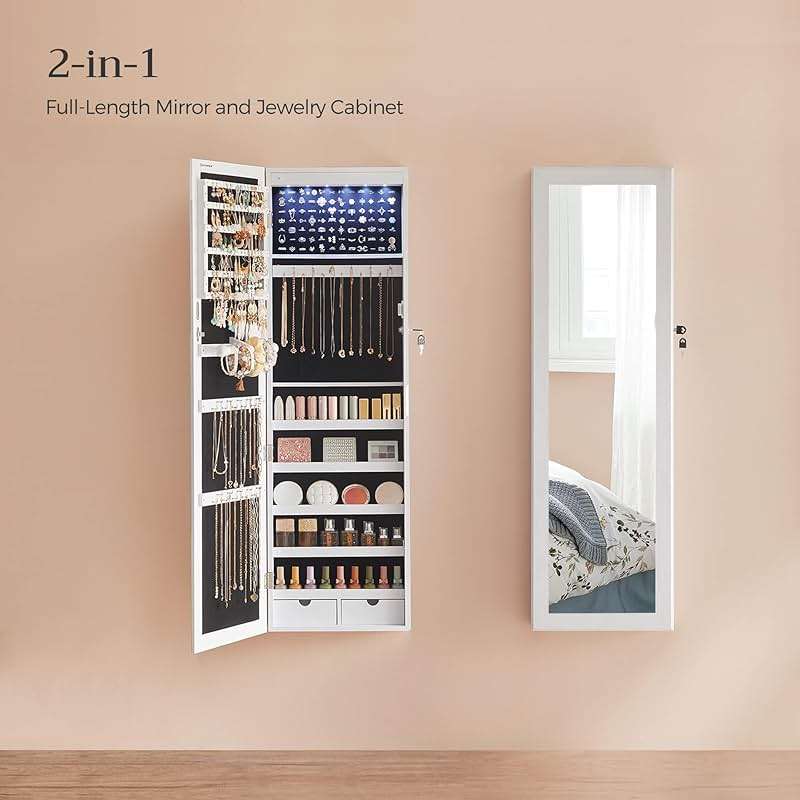 SONGMICS 6 LEDs Mirror Jewelry Cabinet, 47.2-Inch Tall Lockable Wall or Door Mounted Jewelry Armoire Organizer with Mirror, 2 Drawers, 3.9 x 14.6 x 47.2 Inches, White UJJC93W - Image 4