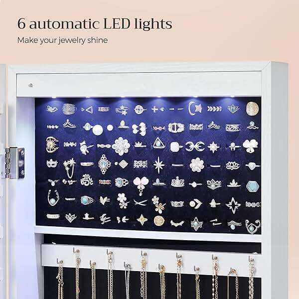 SONGMICS 6 LEDs Mirror Jewelry Cabinet, 47.2-Inch Tall Lockable Wall or Door Mounted Jewelry Armoire Organizer with Mirror, 2 Drawers, 3.9 x 14.6 x 47.2 Inches, White UJJC93W - Image 5