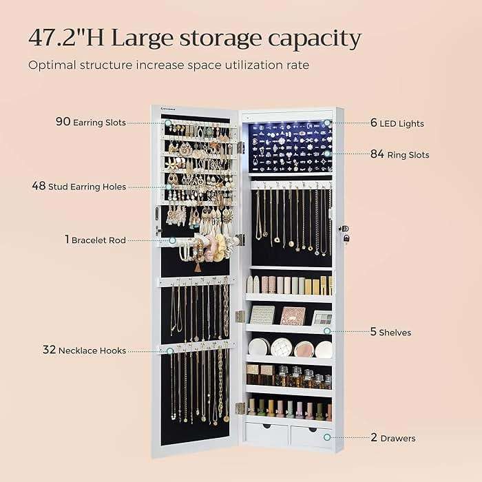SONGMICS 6 LEDs Mirror Jewelry Cabinet, 47.2-Inch Tall Lockable Wall or Door Mounted Jewelry Armoire Organizer with Mirror, 2 Drawers, 3.9 x 14.6 x 47.2 Inches, White UJJC93W - Image 6