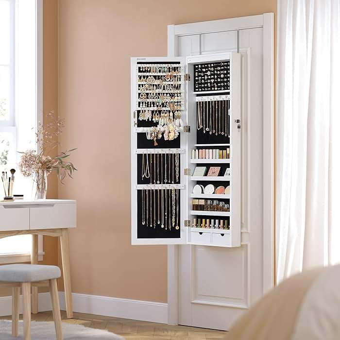 SONGMICS 6 LEDs Mirror Jewelry Cabinet, 47.2-Inch Tall Lockable Wall or Door Mounted Jewelry Armoire Organizer with Mirror, 2 Drawers, 3.9 x 14.6 x 47.2 Inches, White UJJC93W - Image 8