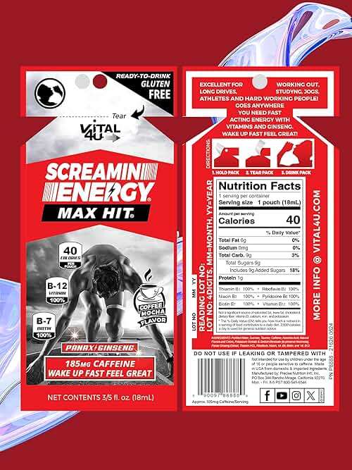 Screamin Energy Max Hit Coffee Mocha Energy Shot Pouches, 24 Count, Extra Strength Caffeine with Panax Ginseng and B Vitamins - Image 7