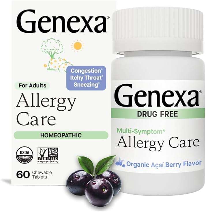 Genexa Allergy Care | Drug Free, Non-Drowsy Allergy & Decongestant Remedy for Adults | Vegan & Non-GMO | Homeopathic Allergy Relief Made Clean | Organic Acai Berry Flavor | 60 Chewable Tablets - Image 1