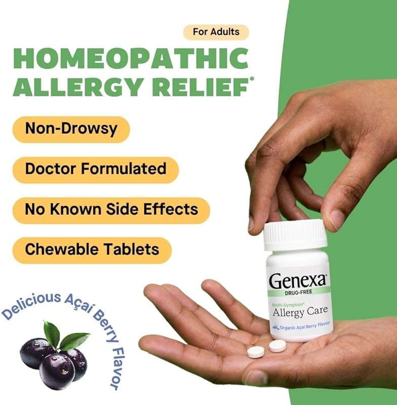 Genexa Allergy Care | Drug Free, Non-Drowsy Allergy & Decongestant Remedy for Adults | Vegan & Non-GMO | Homeopathic Allergy Relief Made Clean | Organic Acai Berry Flavor | 60 Chewable Tablets - Image 3