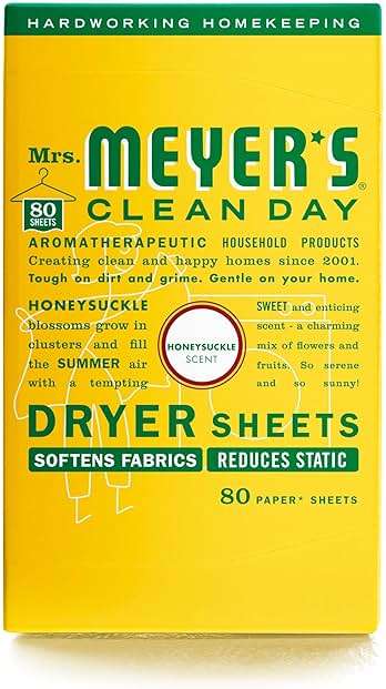 MRS. MEYER'S CLEAN DAY Dryer Sheets, Fabric Softener, Reduces Static, Infused with Essential Oils, Honeysuckle, 80 Count - Image 1