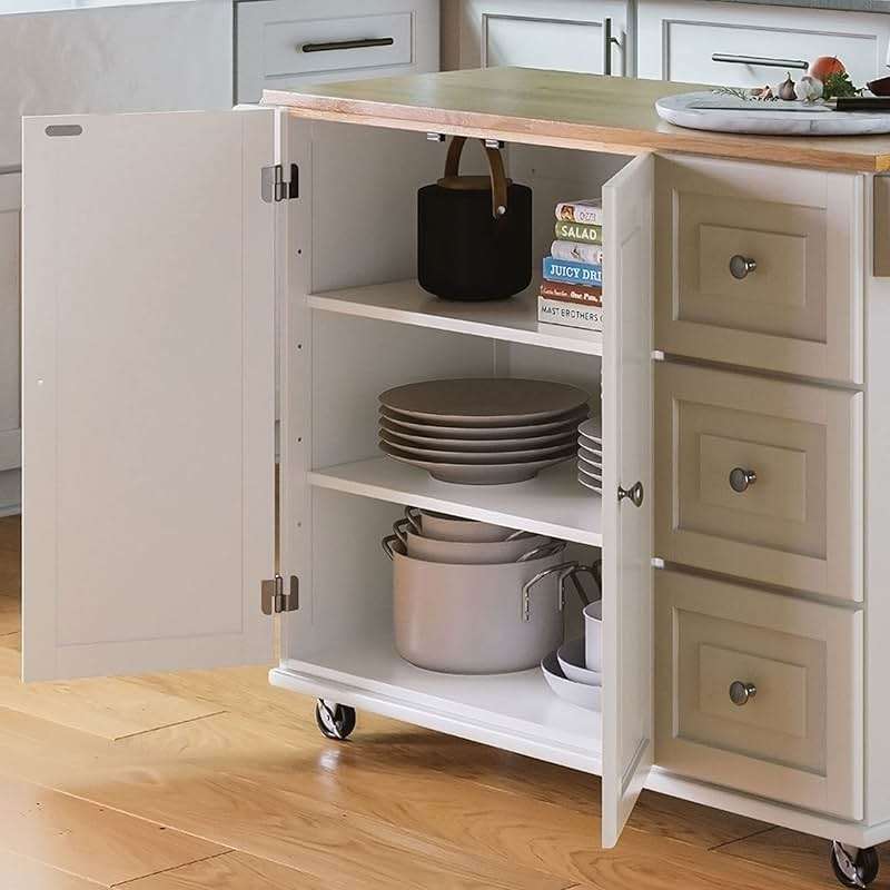 Homestyles Dolly Madison Off-White Mobile Kitchen Island Cart with Wood Drop Leaf Breakfast Bar - Image 11