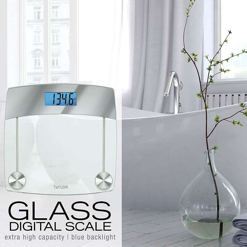 Taylor Digital Scales for Body Weight, Extra High 440 LB Capacity, Unique Blue LCD, Stainless Steel Accents Glass Platform, 12.4 x 12.4 Inches, Clear - Image 2