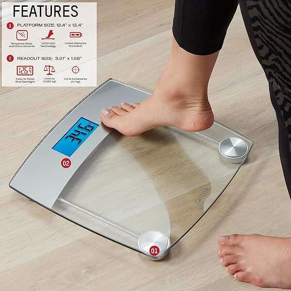 Taylor Digital Scales for Body Weight, Extra High 440 LB Capacity, Unique Blue LCD, Stainless Steel Accents Glass Platform, 12.4 x 12.4 Inches, Clear - Image 7
