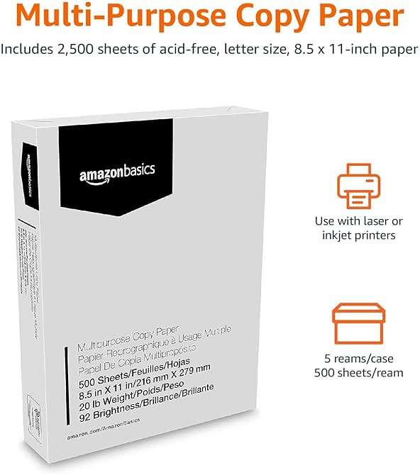 Amazon Basics Multipurpose Copy Printer Paper, 20 lb, 8.5 x 11 Inches, 5 Reams (2,500 Sheets), 92 Bright White - Image 3