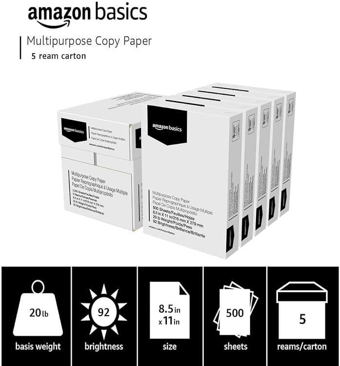 Amazon Basics Multipurpose Copy Printer Paper, 20 lb, 8.5 x 11 Inches, 5 Reams (2,500 Sheets), 92 Bright White - Image 4