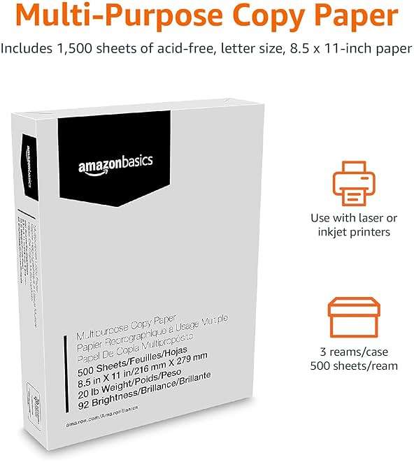 Amazon Basics Multipurpose Copy Printer Paper, 20 lb, 8.5 x 11 Inches, 3 Reams (1,500 Sheets), 92 Bright White for Home Use - Image 3