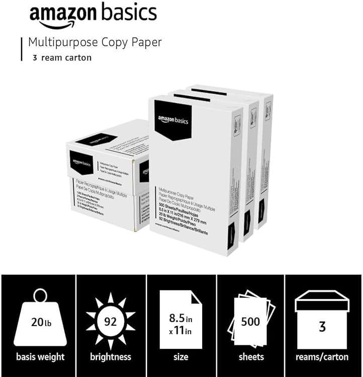 Amazon Basics Multipurpose Copy Printer Paper, 20 lb, 8.5 x 11 Inches, 3 Reams (1,500 Sheets), 92 Bright White for Home Use - Image 4