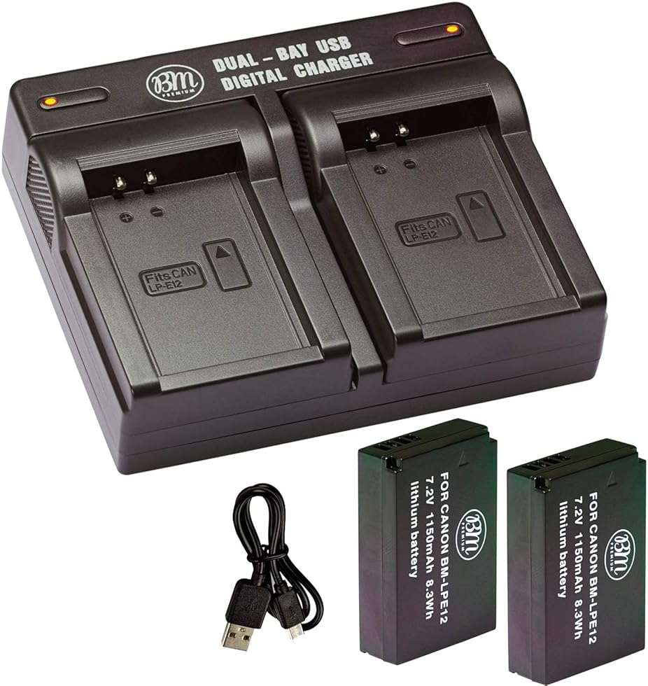 BM Premium 2-Pack of LP-E12 Batteries and Dual Bay Battery Charger | Compatible with Canon EOS-M, EOS M2, EOS M10, EOS M50, EOS M50 Mark II, EOS M100, EOS M200, SX70 HS, SL1 Cameras - Image 2