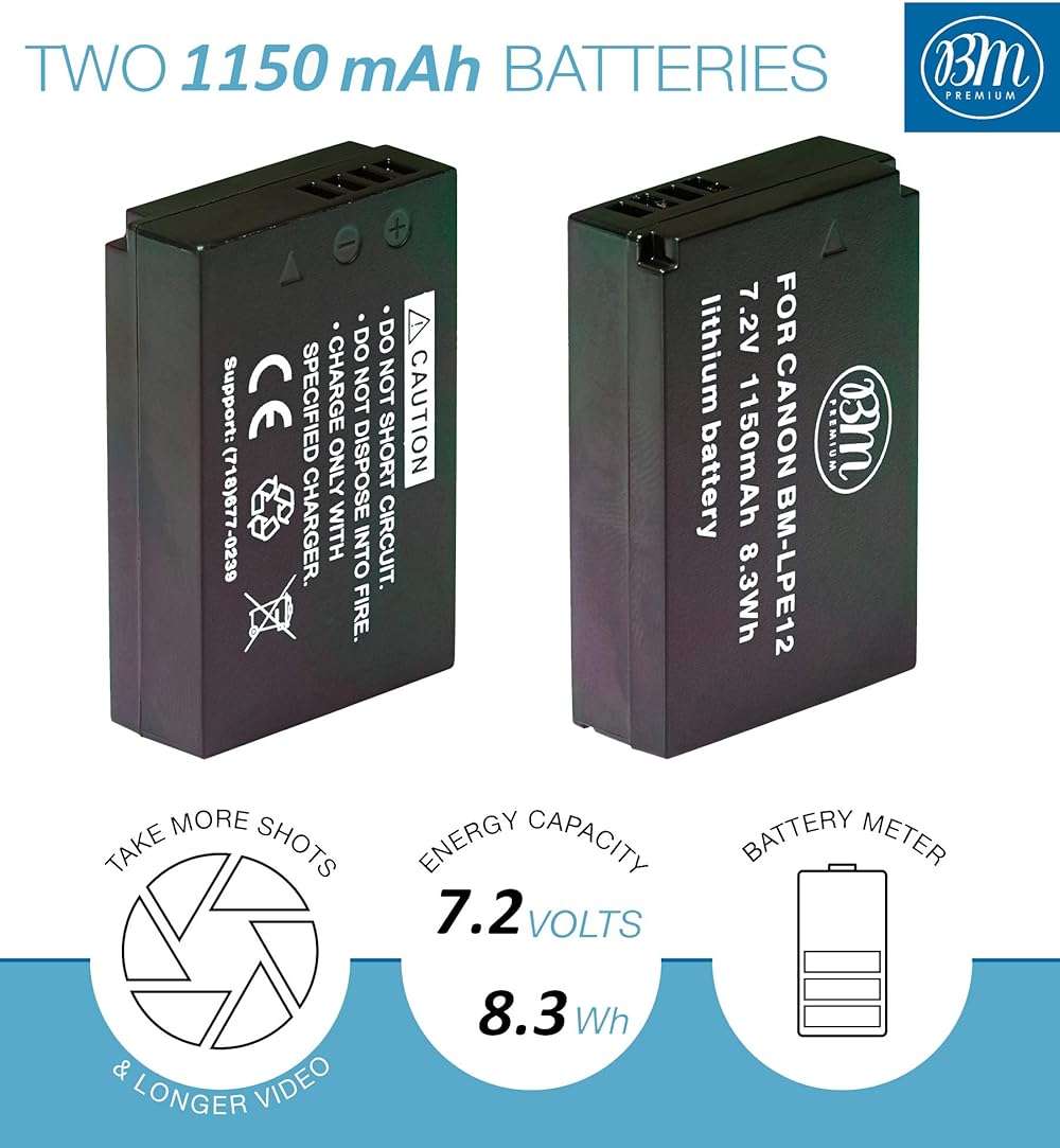 BM Premium 2-Pack of LP-E12 Batteries and Dual Bay Battery Charger | Compatible with Canon EOS-M, EOS M2, EOS M10, EOS M50, EOS M50 Mark II, EOS M100, EOS M200, SX70 HS, SL1 Cameras - Image 3