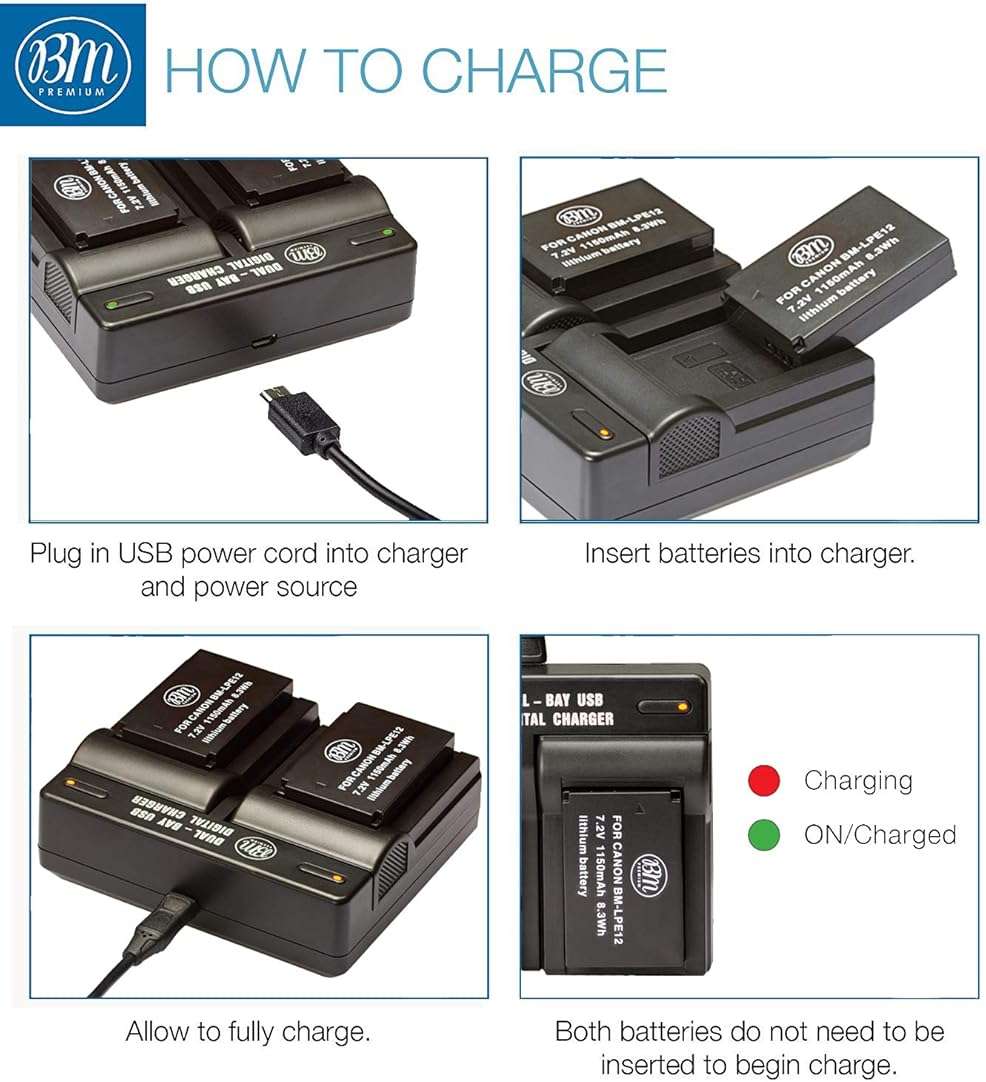 BM Premium 2-Pack of LP-E12 Batteries and Dual Bay Battery Charger | Compatible with Canon EOS-M, EOS M2, EOS M10, EOS M50, EOS M50 Mark II, EOS M100, EOS M200, SX70 HS, SL1 Cameras - Image 5