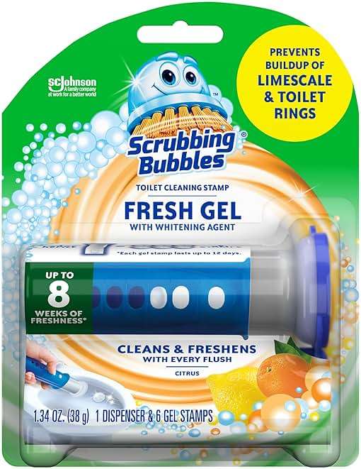 Scrubbing Bubbles Fresh Gel Toilet Bowl Cleaning Stamps, Helps Keep Toilet Clean and Helps Prevent Limescale & Rings, Citrus Scent, 1 Dispenser with 6 Fresh Gel Stamps - Image 1