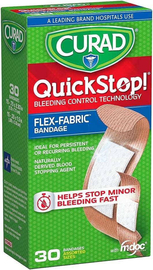 CURAD QuickStop Bleeding Control Flexible Fabric Bandages, Assorted Sizes, 30 Count - Image 1