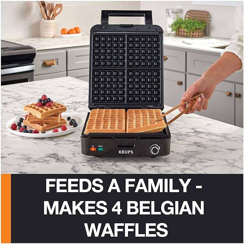 KRUPS 4-Slice Belgian Waffle Maker: Stainless Steel, 5 Browning Levels, Audible Ready Beep, Removable Plates, 1200W, Silver/Black, Large Waffle Maker Family Size, Great for Family Breakfasts - Image 3