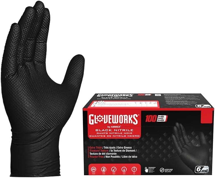 GLOVEWORKS 6 Mil Black Nitrile Disposable Gloves, Raised Diamond Grip Medium Duty Bulk for Automotive Cleaning & Food Service - Image 1