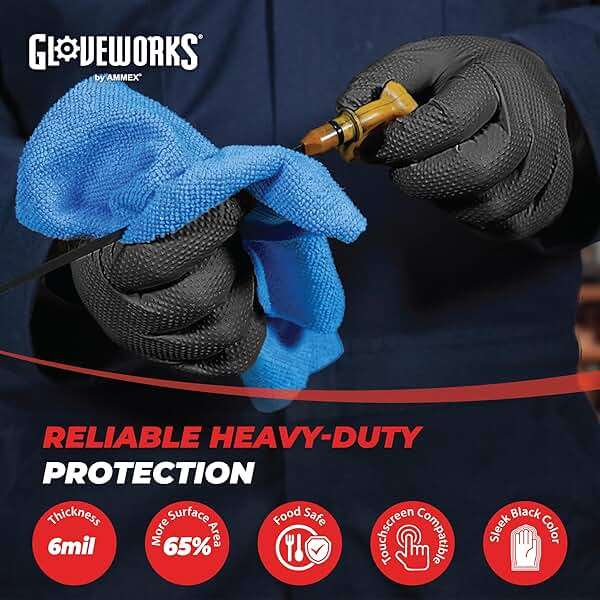 GLOVEWORKS 6 Mil Black Nitrile Disposable Gloves, Raised Diamond Grip Medium Duty Bulk for Automotive Cleaning & Food Service - Image 2