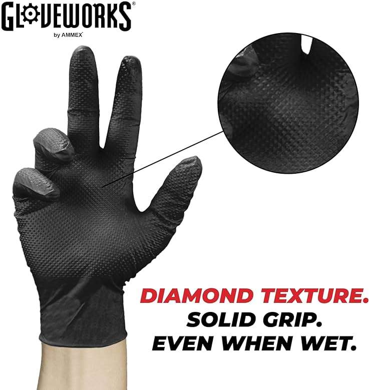 GLOVEWORKS 6 Mil Black Nitrile Disposable Gloves, Raised Diamond Grip Medium Duty Bulk for Automotive Cleaning & Food Service - Image 4