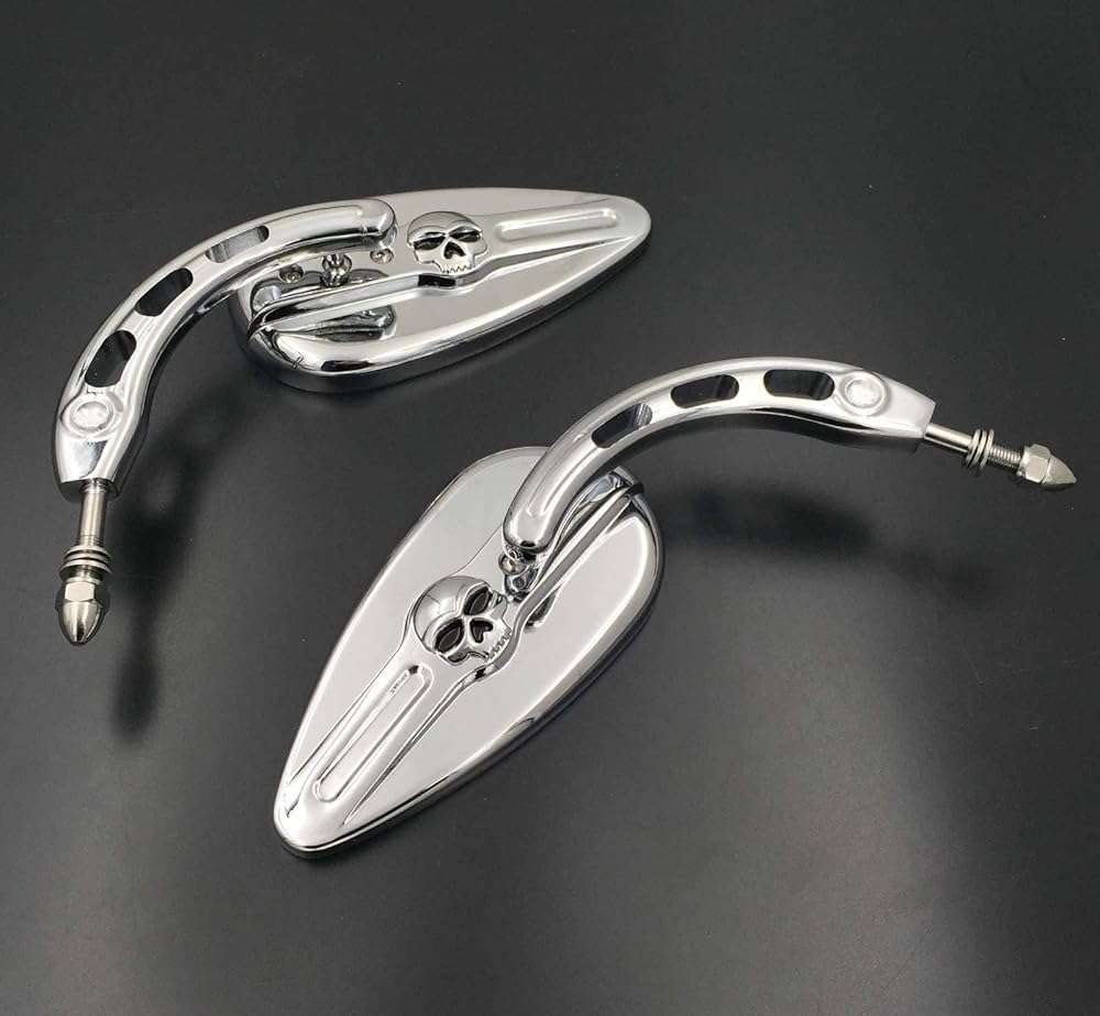 HTTMT MT383D- Chrome Skull Side Mirrors Compatible with Harley Davidson 1982-later all models (except VRSCF,2014-later FLHTKSE,FLHRSE6, FLHR and FLHRC models and XL1200X mounted below the handlebars) - Image 1