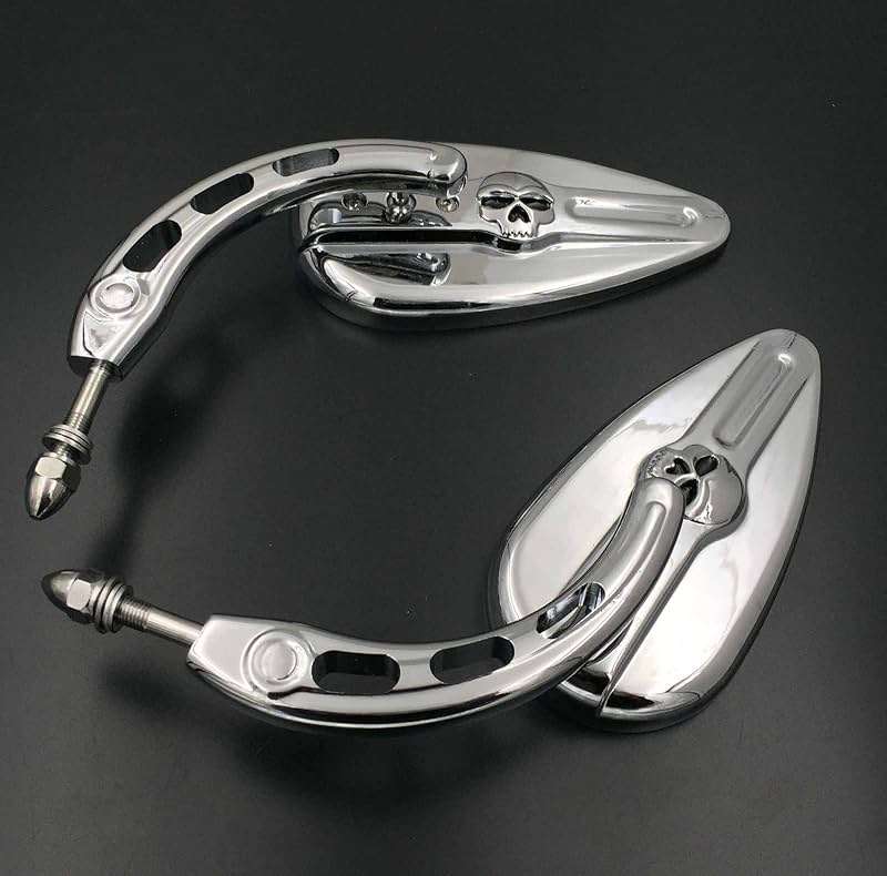 HTTMT MT383D- Chrome Skull Side Mirrors Compatible with Harley Davidson 1982-later all models (except VRSCF,2014-later FLHTKSE,FLHRSE6, FLHR and FLHRC models and XL1200X mounted below the handlebars) - Image 2