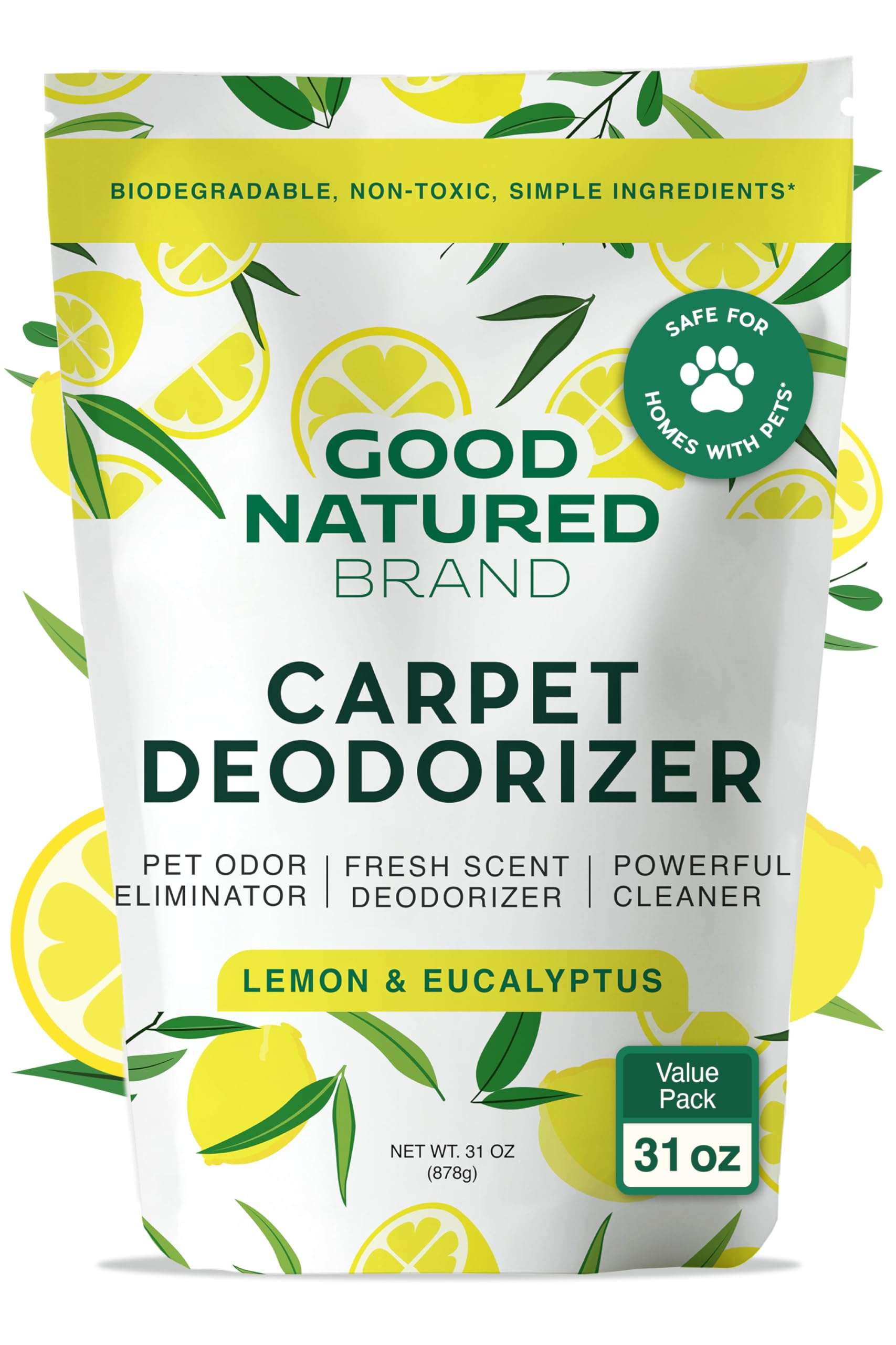 Good Natured Brand | Carpet Deodorizer & Freshener Powder | 31 oz Pet Odor Eliminator for Strong Odor & Pet Urine | Fresh Natural Lemon Scent | Safe for Homes with Pets - Image 1
