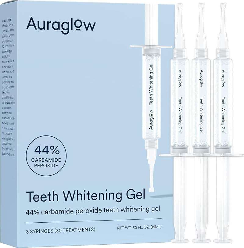 Auraglow 44% Teeth Whitening Gel for Trays, Retainers & Aligners – Dentist Strength Carbamide Peroxide Whitener, 30 Treatments, 3 Syringes (5mL) - Image 1