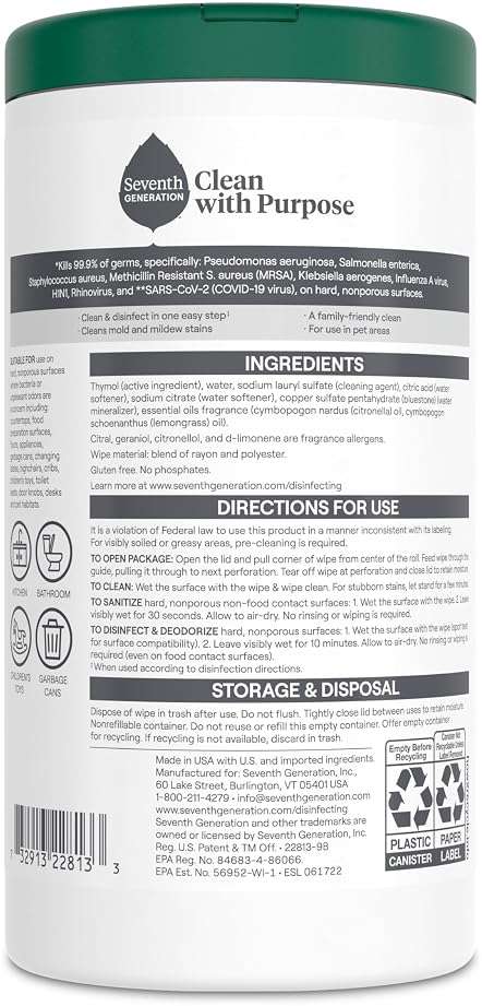 Seventh Generation Disinfecting Wipes, Lemongrass Citrus, 70 Count, 3 Pack, Botanical Multi-Surface Cleaner Kills 99.9% Germs, No Bleach, Plant-Based Formula for Home, Kitchen, Bathroom, Car Interior - Image 2