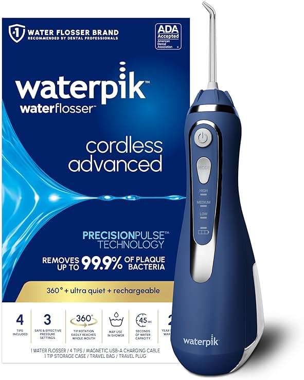 Waterpik Cordless Advanced 2.0 Water Flosser For Teeth, Gums, Braces, Dental Care With Travel Bag and 4 Tips, ADA Accepted, Rechargeable, Portable, and Waterproof, Blue WP-583, Packaging May Vary - Image 1